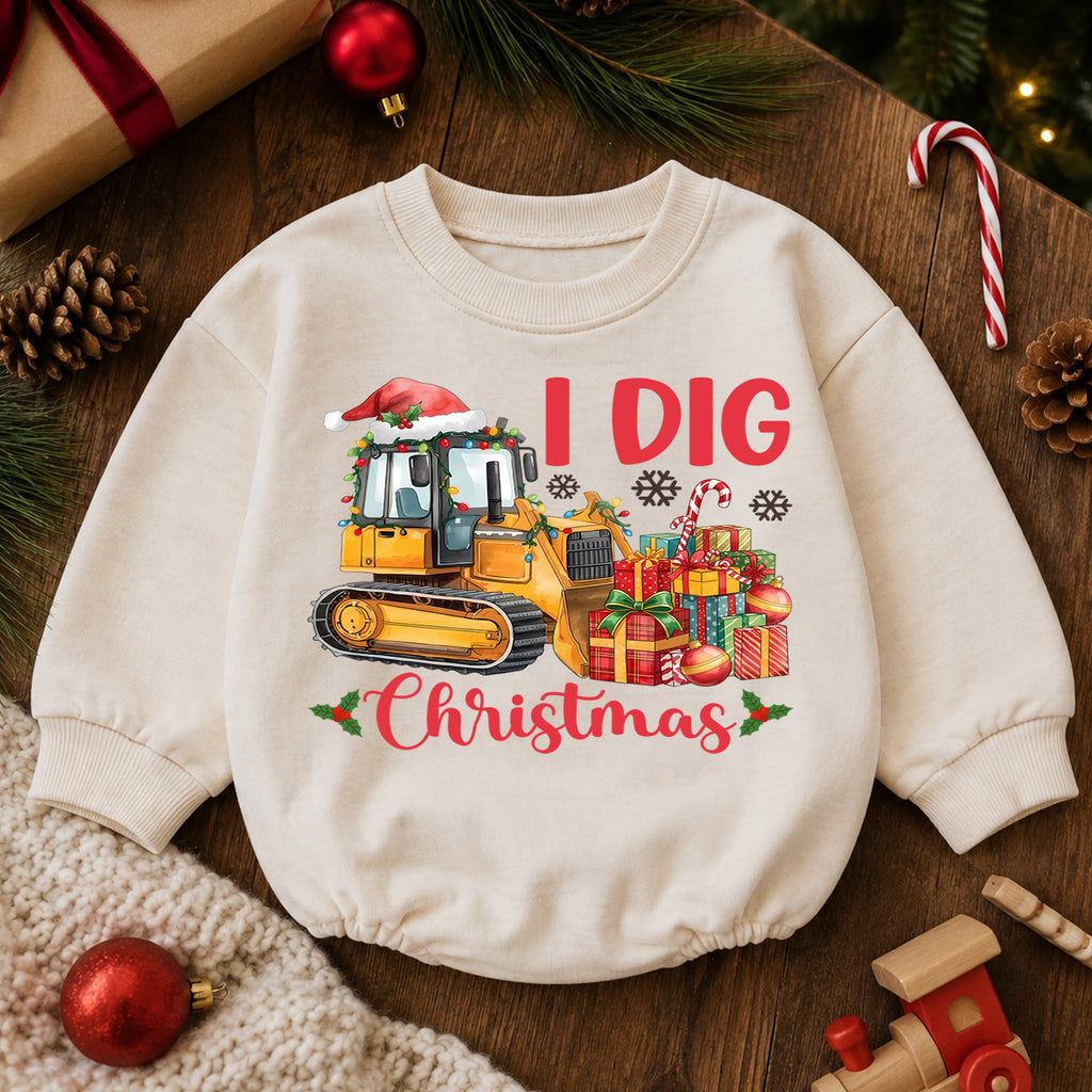 I Dig Christmas Bulldozer Baby Romper, 1st Construction Truck Holiday Outfit, Christmas Digger Romper, Excavator Xmas Gift for Boys — product view 6