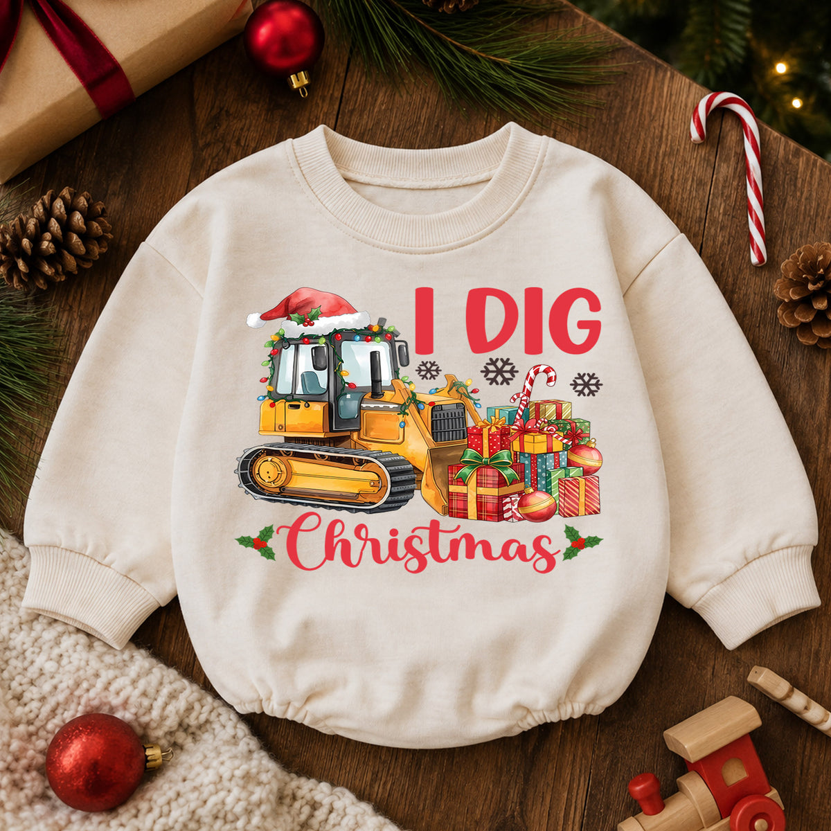 I Dig Christmas Bulldozer Baby Romper, 1st Construction Truck Holiday Outfit, Christmas Digger Romper, Excavator Xmas Gift for Boys — product view 6
