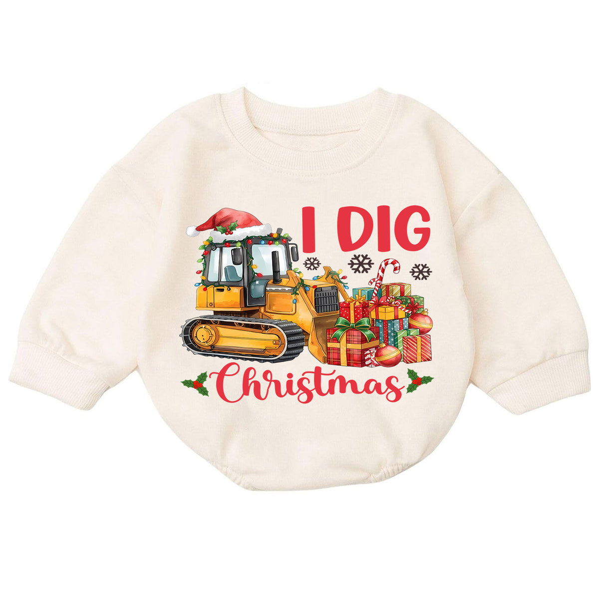 I Dig Christmas Bulldozer Baby Romper, 1st Construction Truck Holiday Outfit, Christmas Digger Romper, Excavator Xmas Gift for Boys — product view 7
