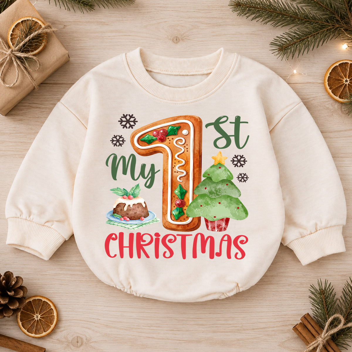 My 1st Christmas Gingerbread Baby Romper,1st First Christmas Number One Outfit, Holiday Keepsake Romper, Baby Xmas Gift for Boys or Girls — product view 1