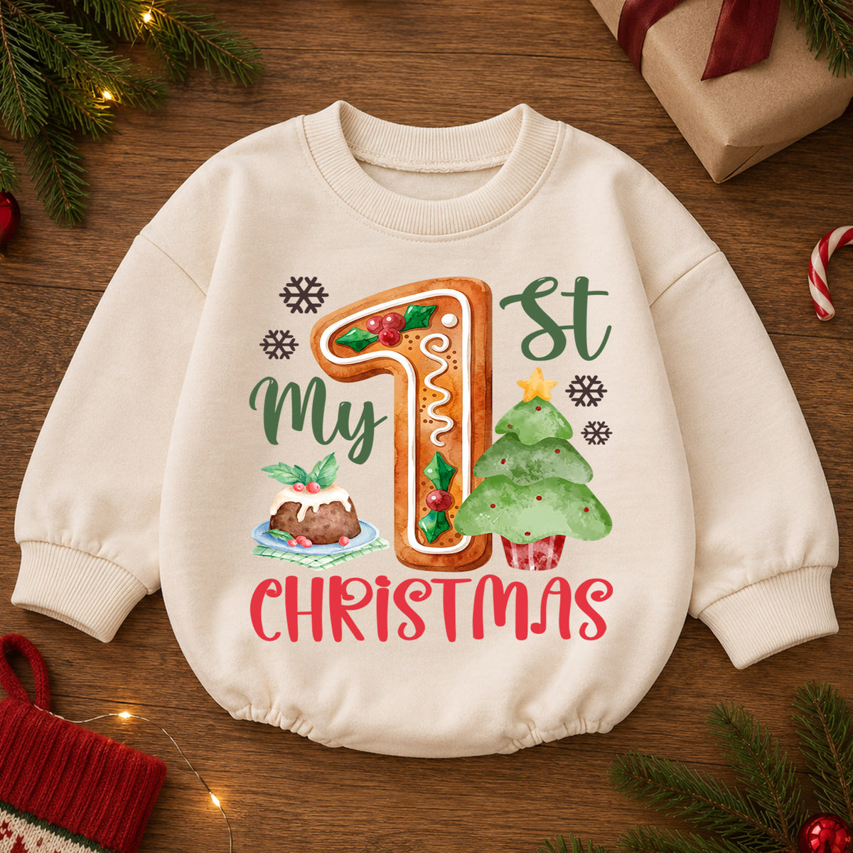My 1st Christmas Gingerbread Baby Romper,1st First Christmas Number One Outfit, Holiday Keepsake Romper, Baby Xmas Gift for Boys or Girls — product view 2