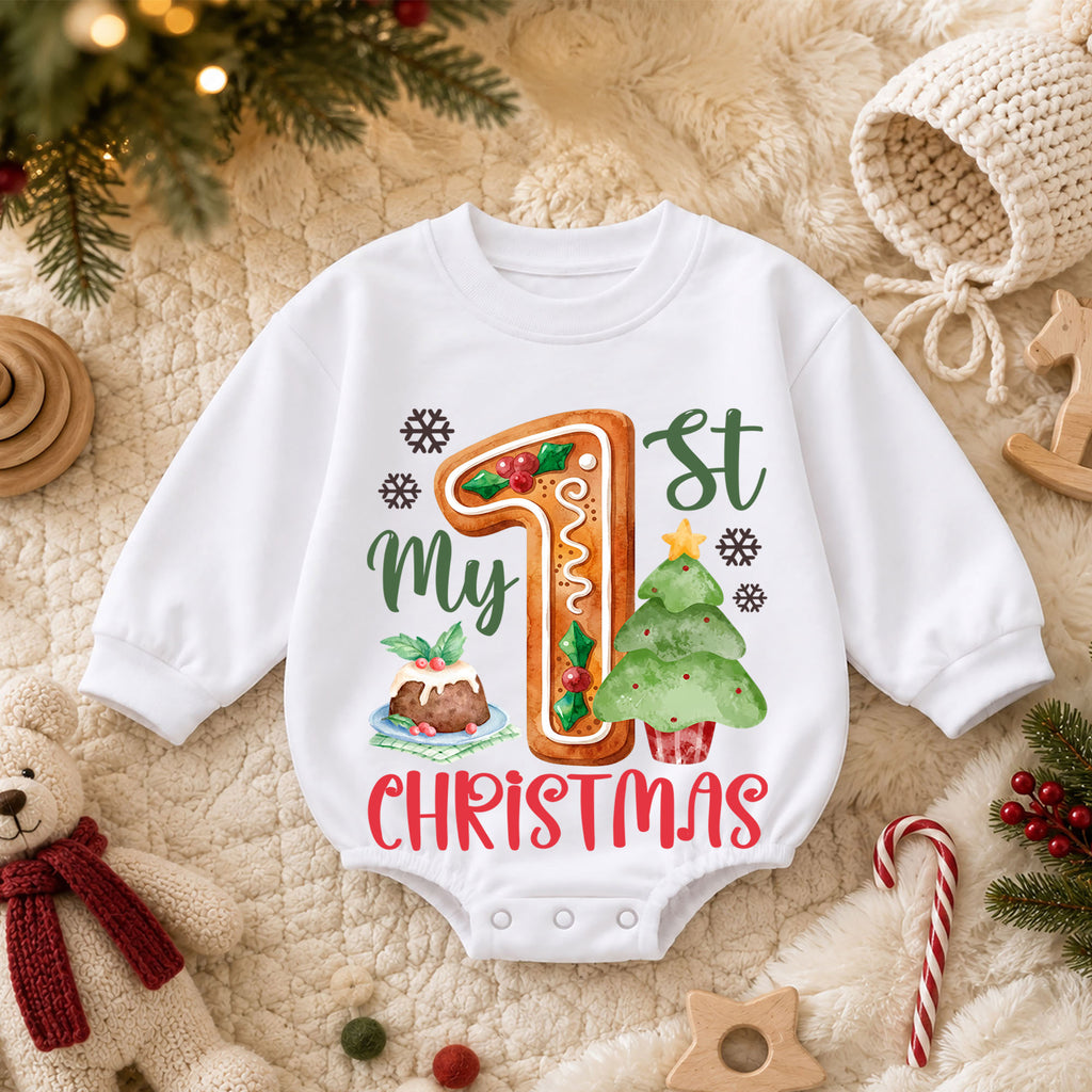 My 1st Christmas Gingerbread Baby Romper,1st First Christmas Number One Outfit, Holiday Keepsake Romper, Baby Xmas Gift for Boys or Girls — product view 3