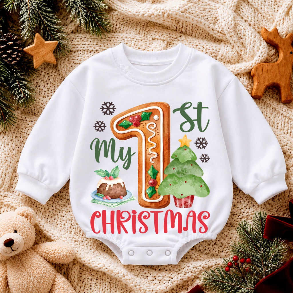 My 1st Christmas Gingerbread Baby Romper,1st First Christmas Number One Outfit, Holiday Keepsake Romper, Baby Xmas Gift for Boys or Girls — product view 4