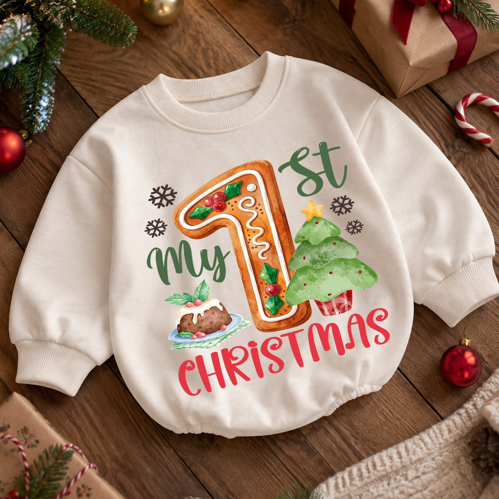 My 1st Christmas Gingerbread Baby Romper,1st First Christmas Number One Outfit, Holiday Keepsake Romper, Baby Xmas Gift for Boys or Girls — product view 5