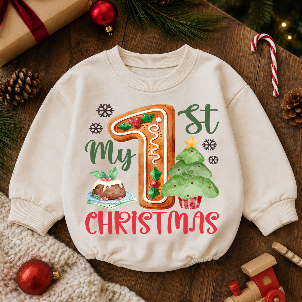 My 1st Christmas Gingerbread Baby Romper,1st First Christmas Number One Outfit, Holiday Keepsake Romper, Baby Xmas Gift for Boys or Girls — product view 6
