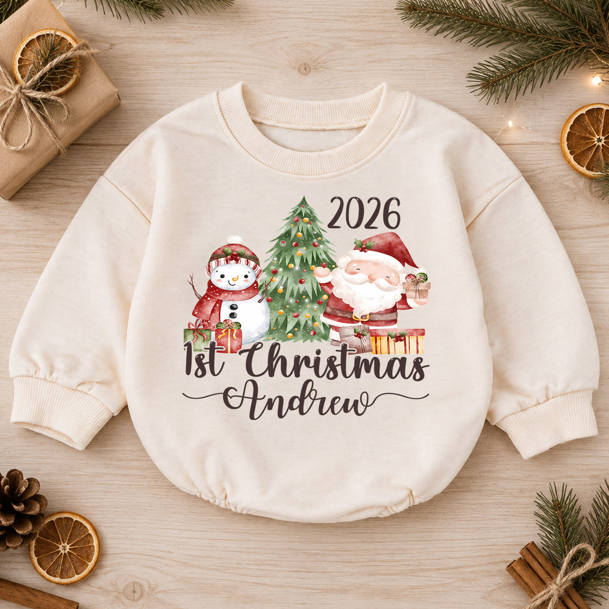 Personalized 1st Christmas Baby Romper, Custom Name 2026 Santa Snowman Tree Outfit, My First Christmas Keepsake Gift for Baby — product view 1