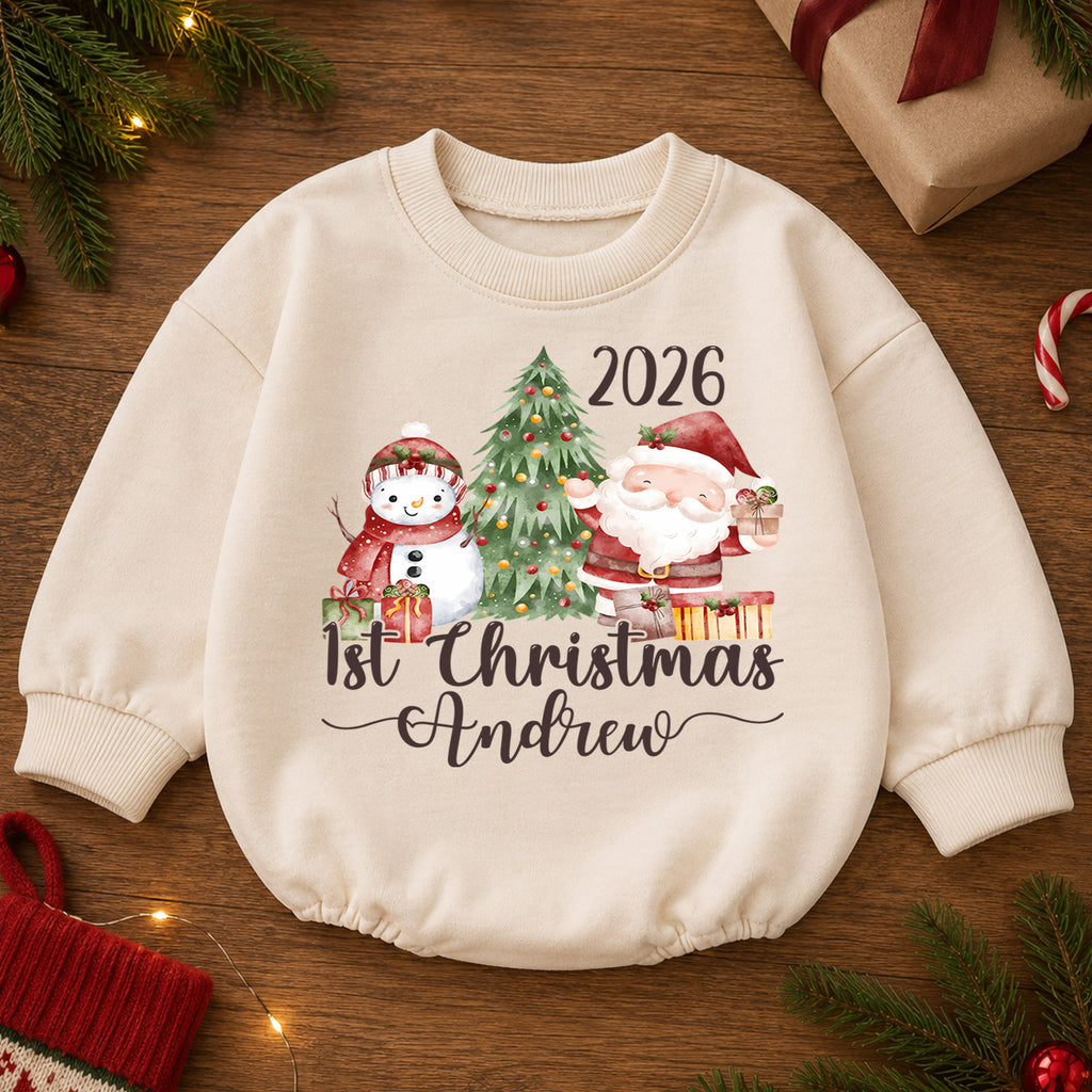 Personalized 1st Christmas Baby Romper, Custom Name 2026 Santa Snowman Tree Outfit, My First Christmas Keepsake Gift for Baby — product view 2