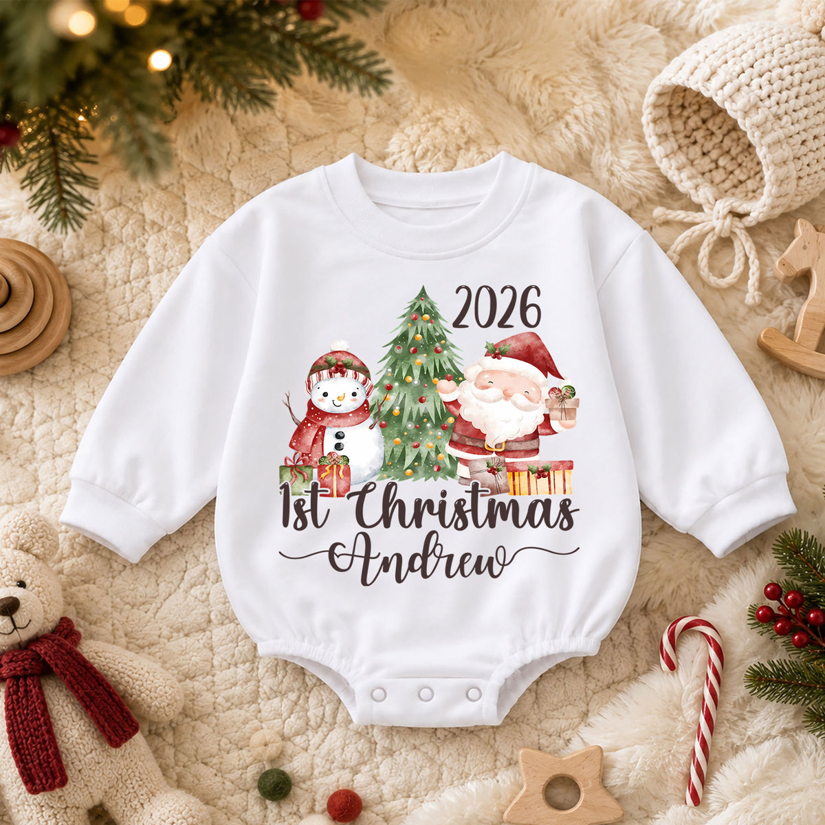 Personalized 1st Christmas Baby Romper, Custom Name 2026 Santa Snowman Tree Outfit, My First Christmas Keepsake Gift for Baby — product view 3