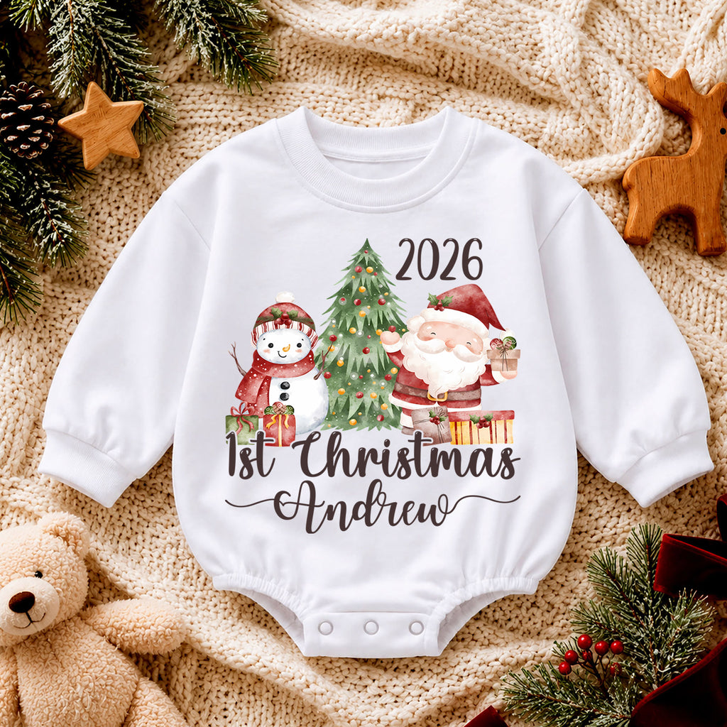 Personalized 1st Christmas Baby Romper, Custom Name 2026 Santa Snowman Tree Outfit, My First Christmas Keepsake Gift for Baby — product view 4