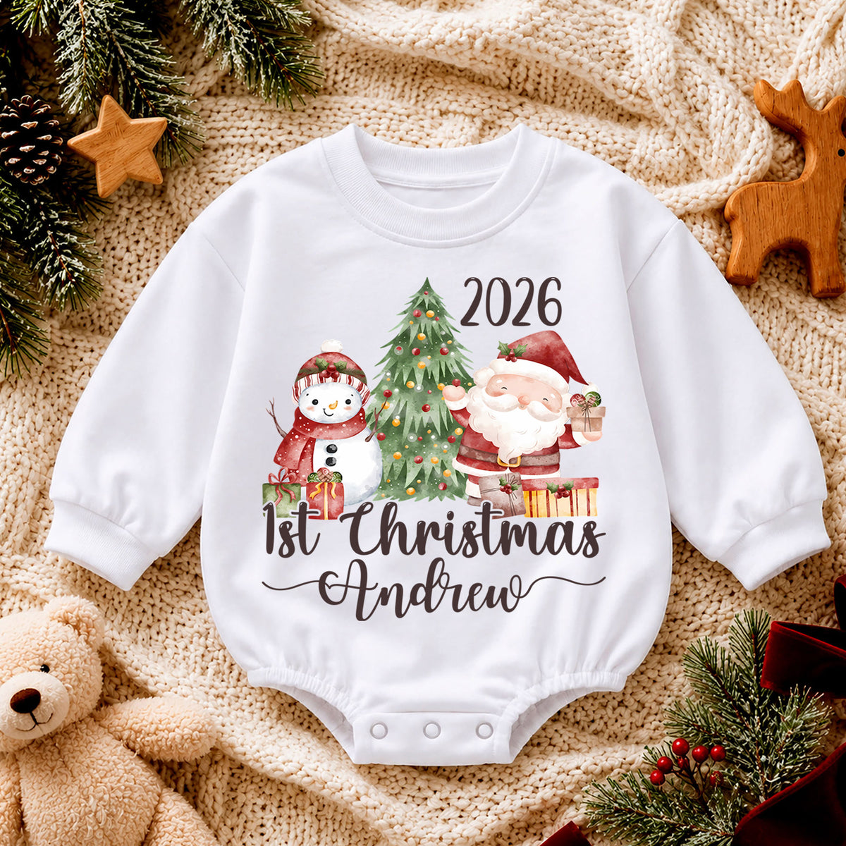 Personalized 1st Christmas Baby Romper, Custom Name 2026 Santa Snowman Tree Outfit, My First Christmas Keepsake Gift for Baby — product view 4