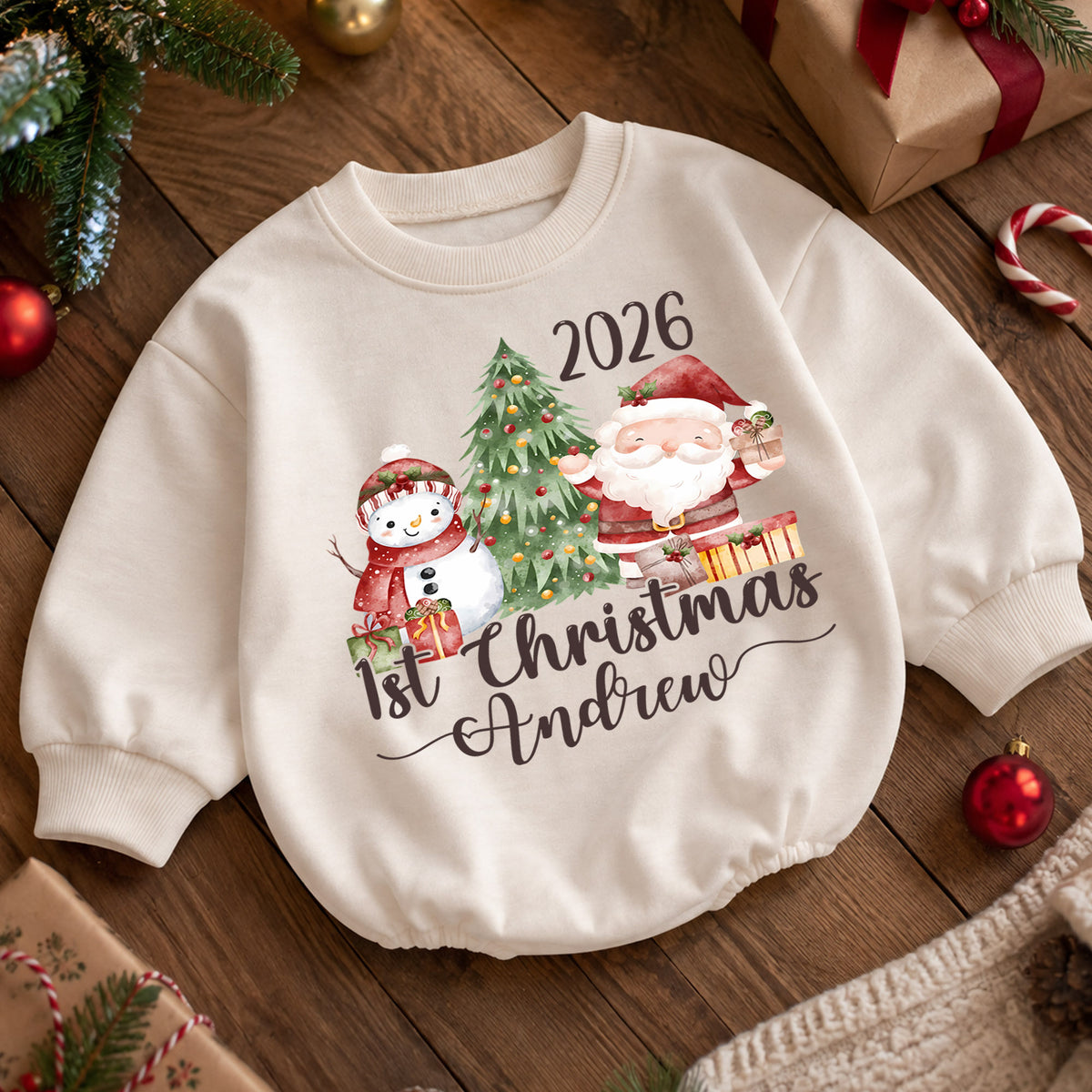 Personalized 1st Christmas Baby Romper, Custom Name 2026 Santa Snowman Tree Outfit, My First Christmas Keepsake Gift for Baby — product view 5