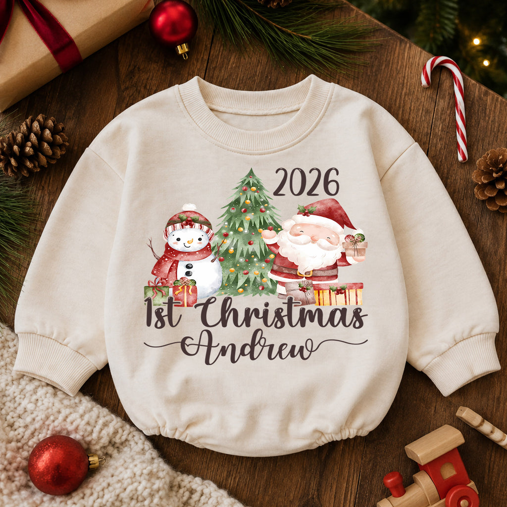 Personalized 1st Christmas Baby Romper, Custom Name 2026 Santa Snowman Tree Outfit, My First Christmas Keepsake Gift for Baby — product view 6