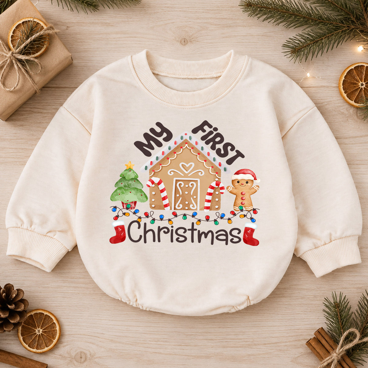My First Christmas Gingerbread House Baby Romper, Baby First Xmas Outfit, 1st Cute Gingerbread Holiday Romper, Christmas Keepsake Gift — product view 1