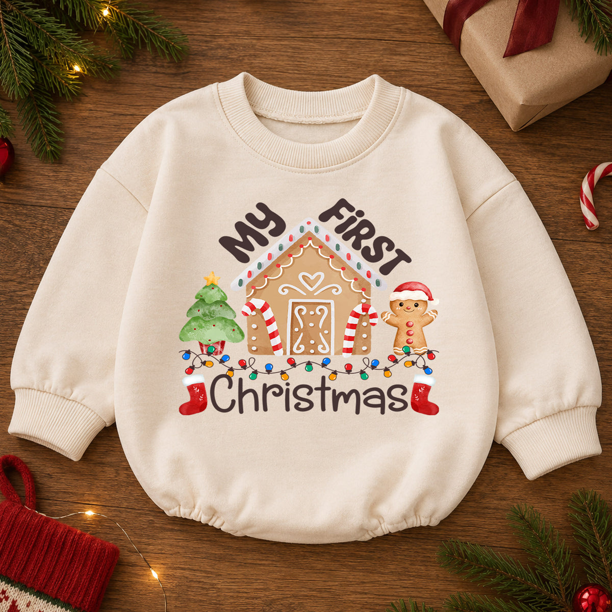 My First Christmas Gingerbread House Baby Romper, Baby First Xmas Outfit, 1st Cute Gingerbread Holiday Romper, Christmas Keepsake Gift — product view 2