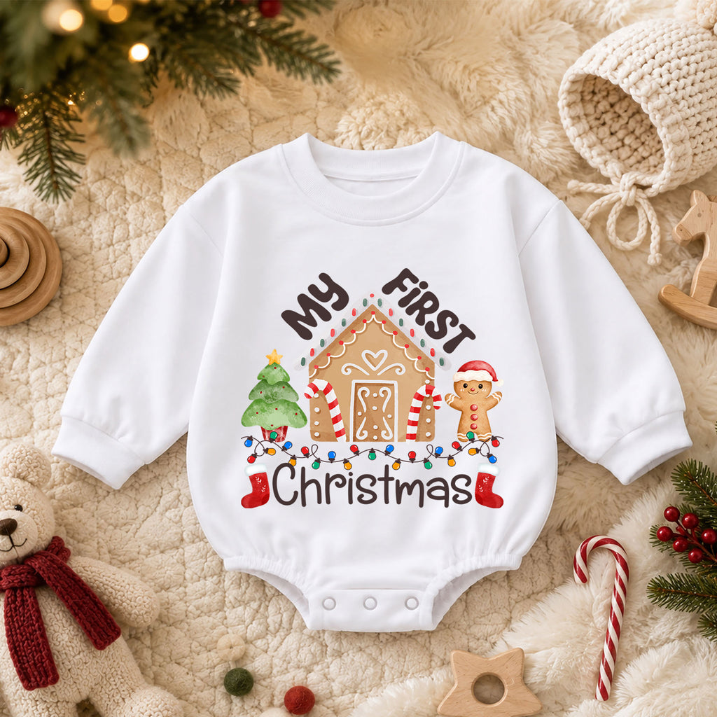 My First Christmas Gingerbread House Baby Romper, Baby First Xmas Outfit, 1st Cute Gingerbread Holiday Romper, Christmas Keepsake Gift — product view 3
