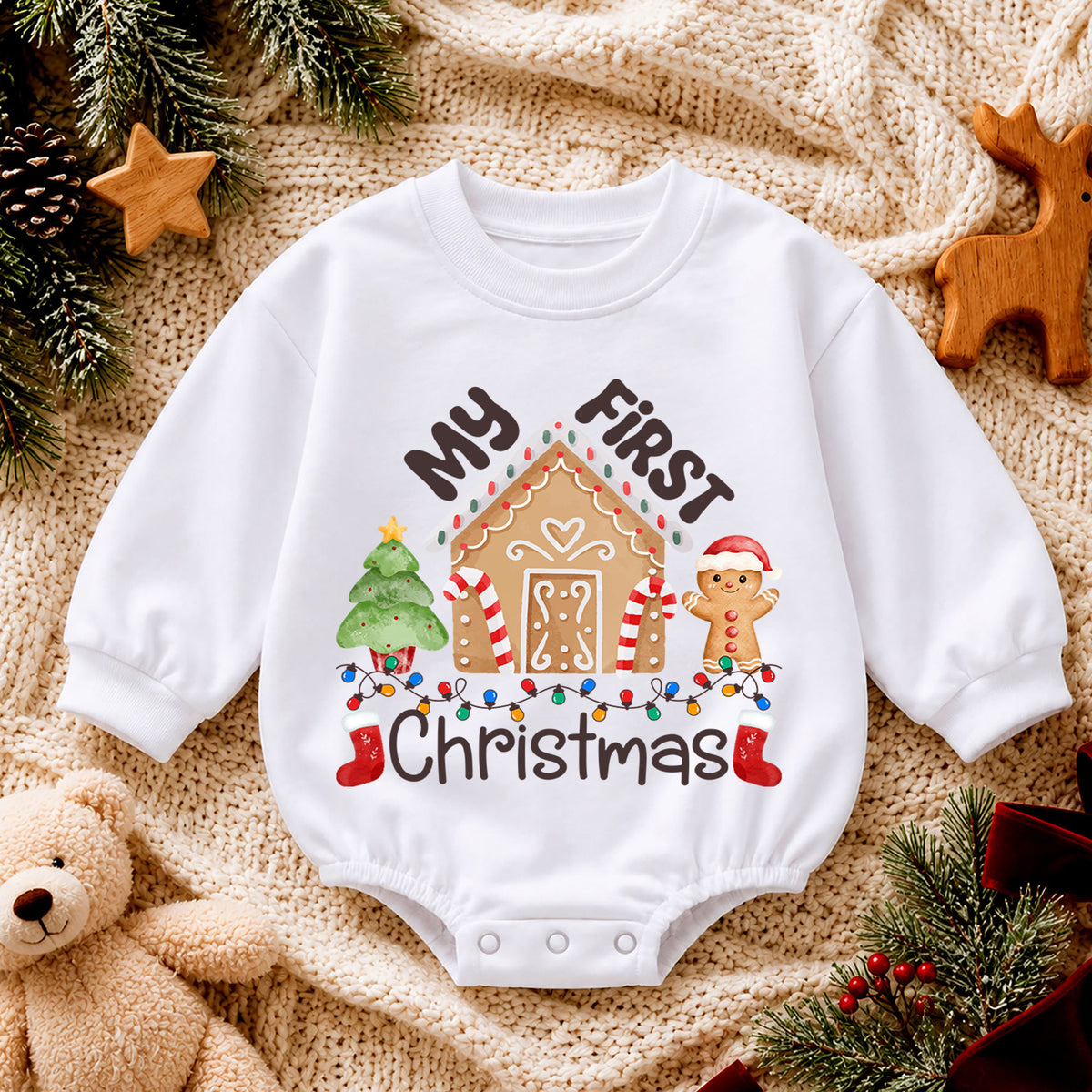 My First Christmas Gingerbread House Baby Romper, Baby First Xmas Outfit, 1st Cute Gingerbread Holiday Romper, Christmas Keepsake Gift — product view 4