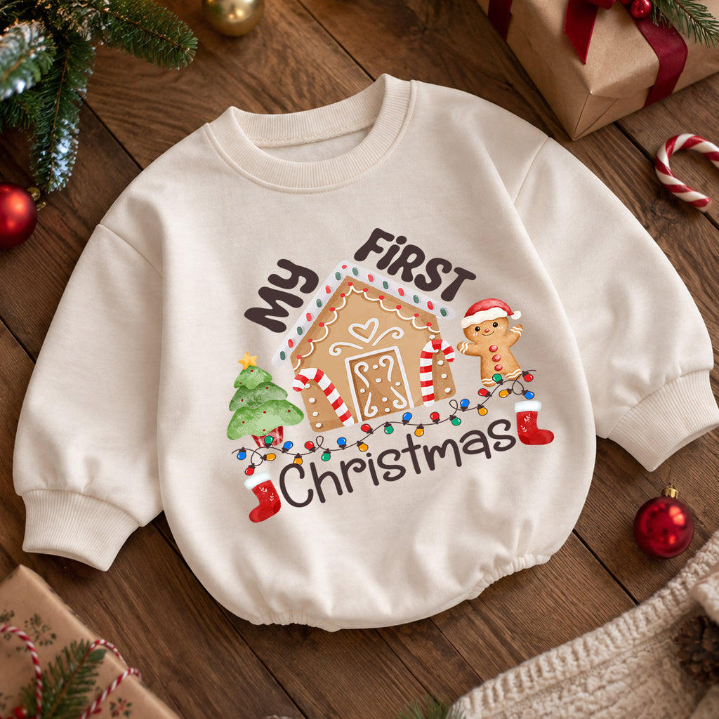 My First Christmas Gingerbread House Baby Romper, Baby First Xmas Outfit, 1st Cute Gingerbread Holiday Romper, Christmas Keepsake Gift — product view 5
