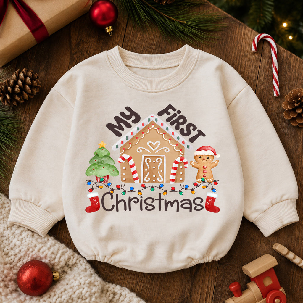 My First Christmas Gingerbread House Baby Romper, Baby First Xmas Outfit, 1st Cute Gingerbread Holiday Romper, Christmas Keepsake Gift — product view 6