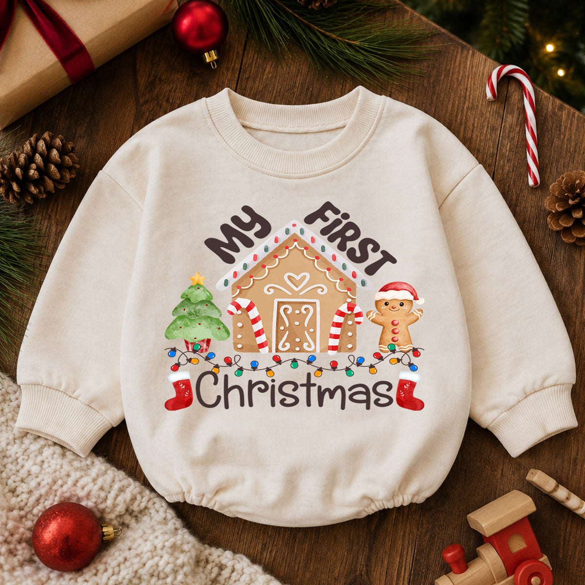 My First Christmas Gingerbread House Baby Romper, Baby First Xmas Outfit, 1st Cute Gingerbread Holiday Romper, Christmas Keepsake Gift — product view 6