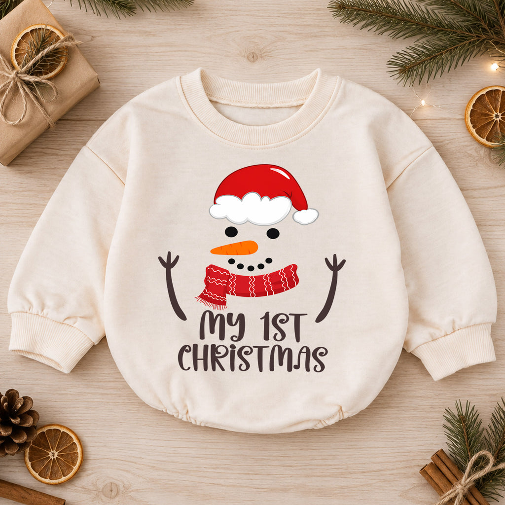 My 1st Christmas Snowman Baby Romper, Baby First Christmas & 1st Birthday Holiday Outfit, Snowman Toddler Xmas Romper, Keepsake Gift — product view 1