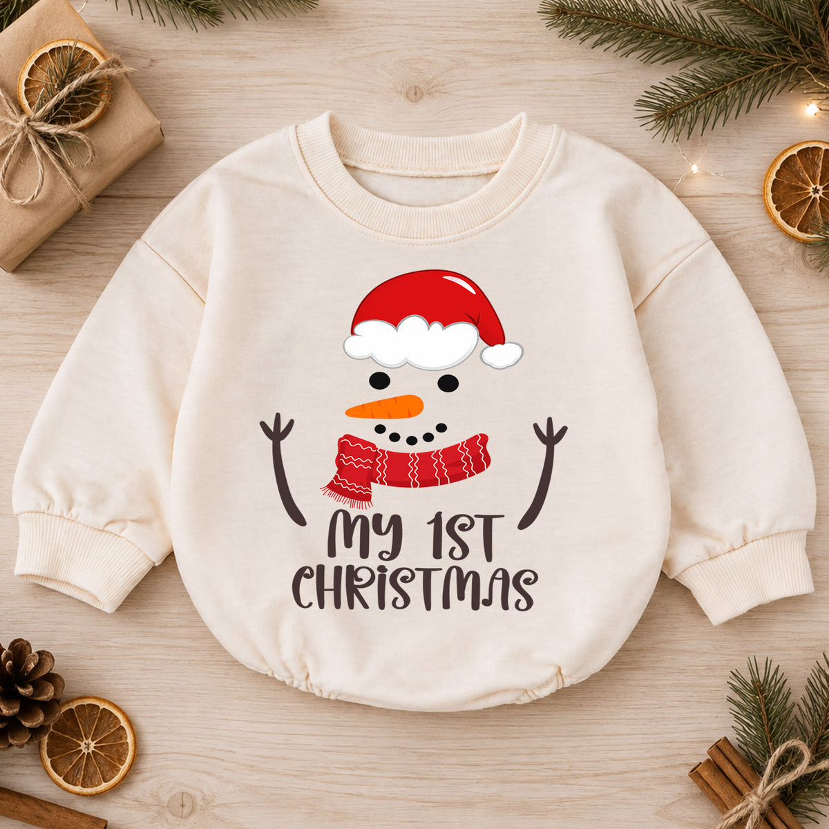 My 1st Christmas Snowman Baby Romper, Baby First Christmas & 1st Birthday Holiday Outfit, Snowman Toddler Xmas Romper, Keepsake Gift — product view 1
