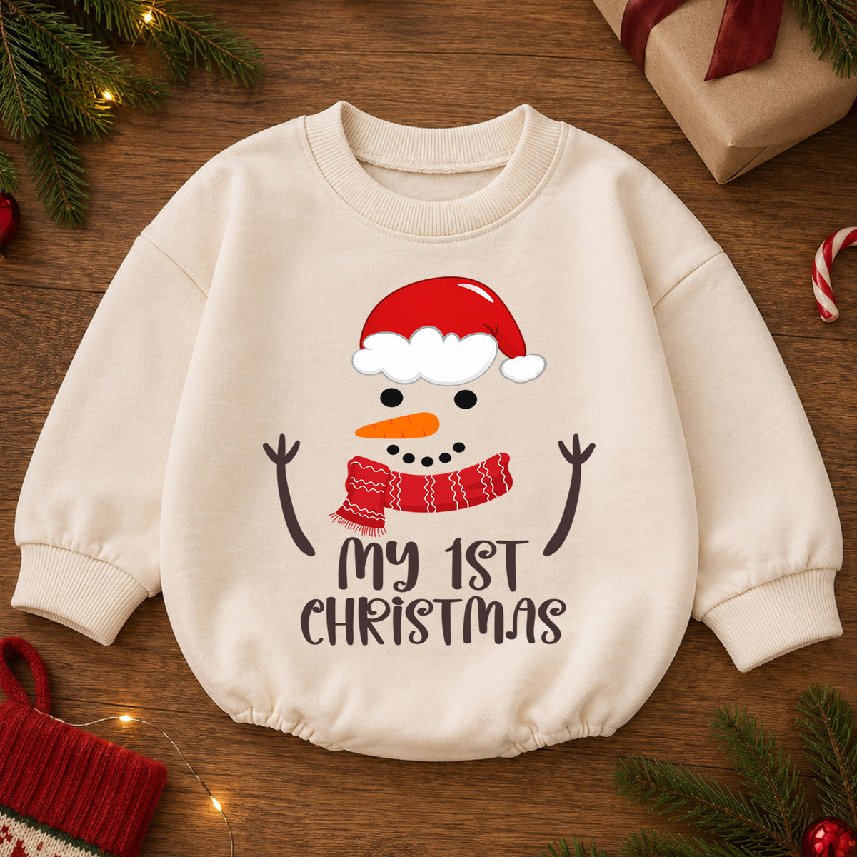 My 1st Christmas Snowman Baby Romper, Baby First Christmas & 1st Birthday Holiday Outfit, Snowman Toddler Xmas Romper, Keepsake Gift — product view 2