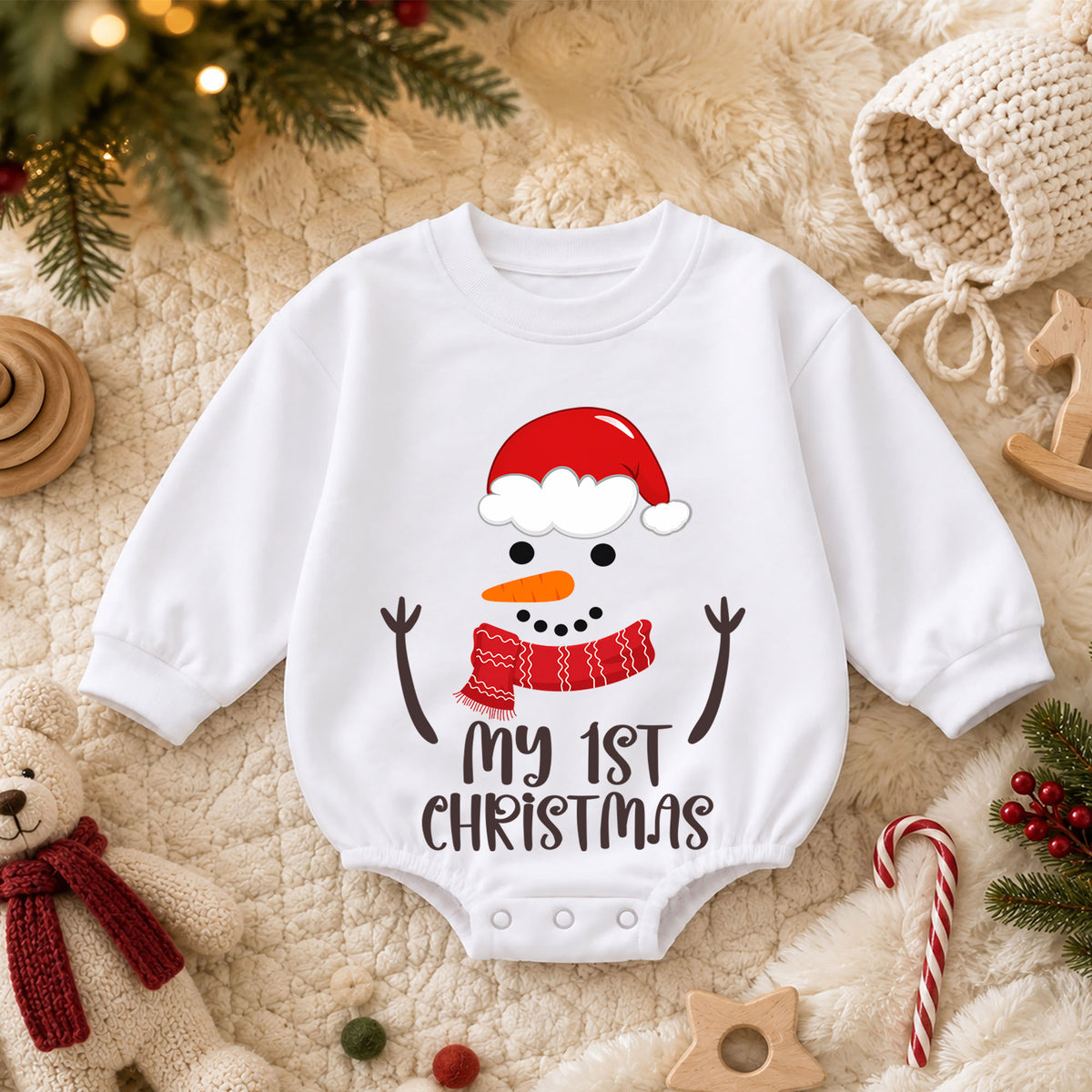 My 1st Christmas Snowman Baby Romper, Baby First Christmas & 1st Birthday Holiday Outfit, Snowman Toddler Xmas Romper, Keepsake Gift — product view 3