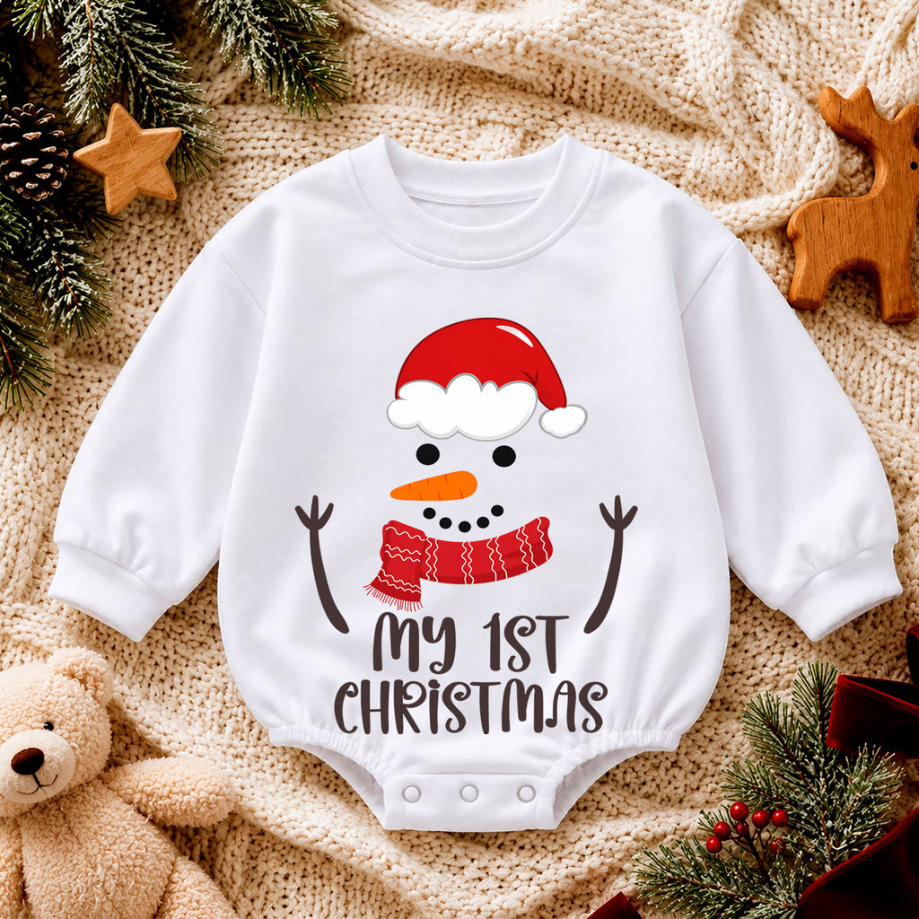 My 1st Christmas Snowman Baby Romper, Baby First Christmas & 1st Birthday Holiday Outfit, Snowman Toddler Xmas Romper, Keepsake Gift — product view 4