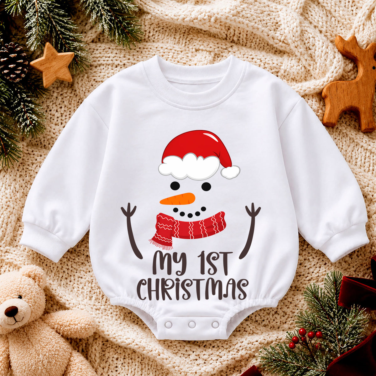 My 1st Christmas Snowman Baby Romper, Baby First Christmas & 1st Birthday Holiday Outfit, Snowman Toddler Xmas Romper, Keepsake Gift — product view 4