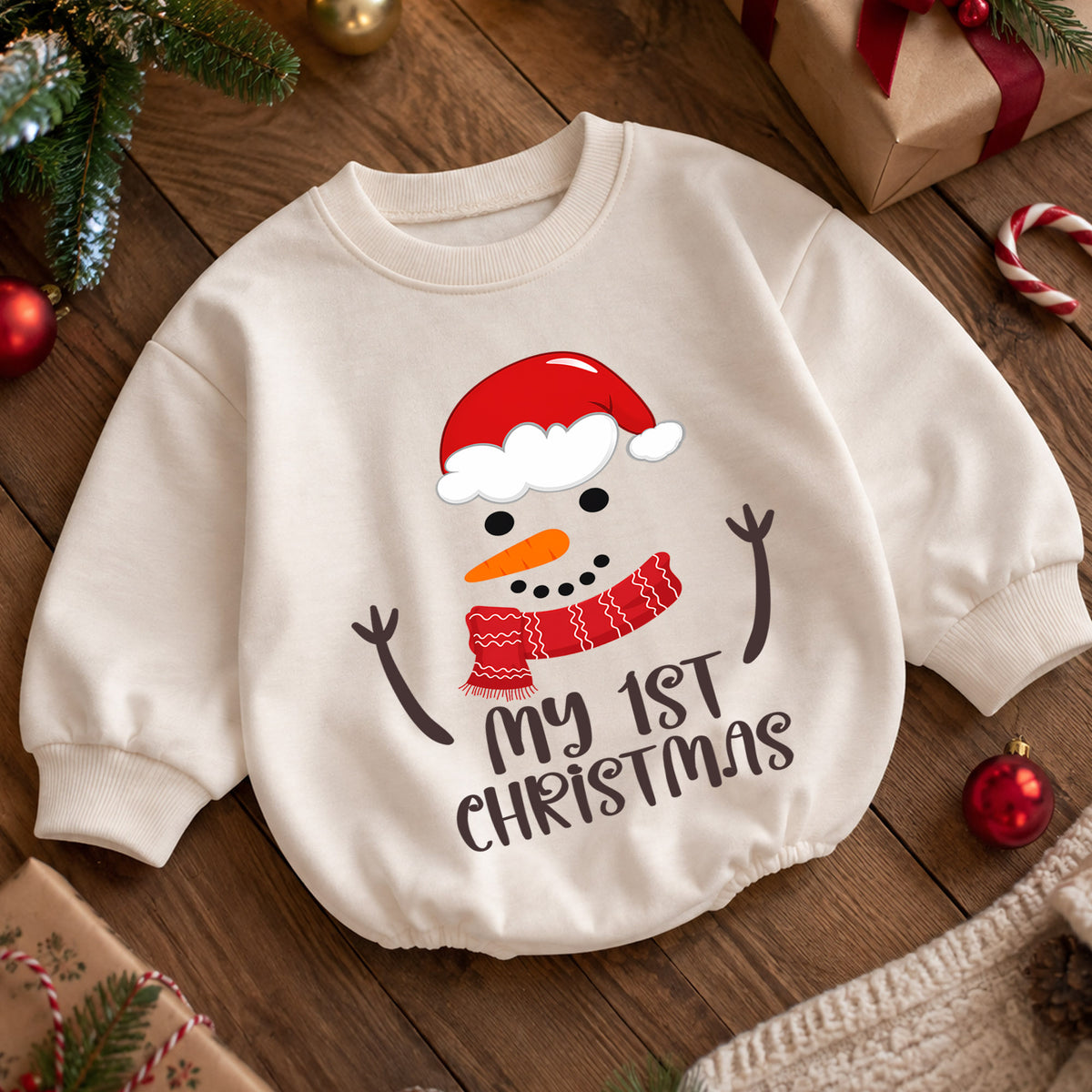 My 1st Christmas Snowman Baby Romper, Baby First Christmas & 1st Birthday Holiday Outfit, Snowman Toddler Xmas Romper, Keepsake Gift — product view 5