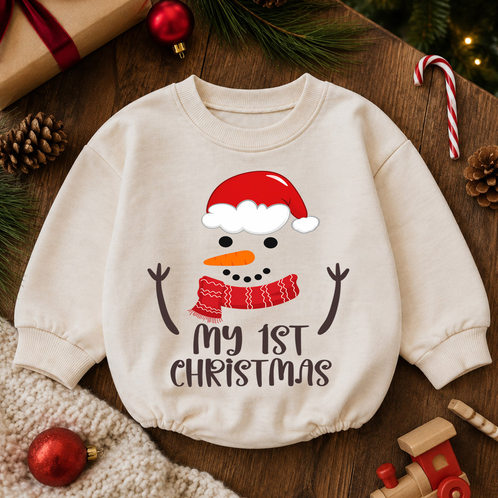 My 1st Christmas Snowman Baby Romper, Baby First Christmas & 1st Birthday Holiday Outfit, Snowman Toddler Xmas Romper, Keepsake Gift — product view 6