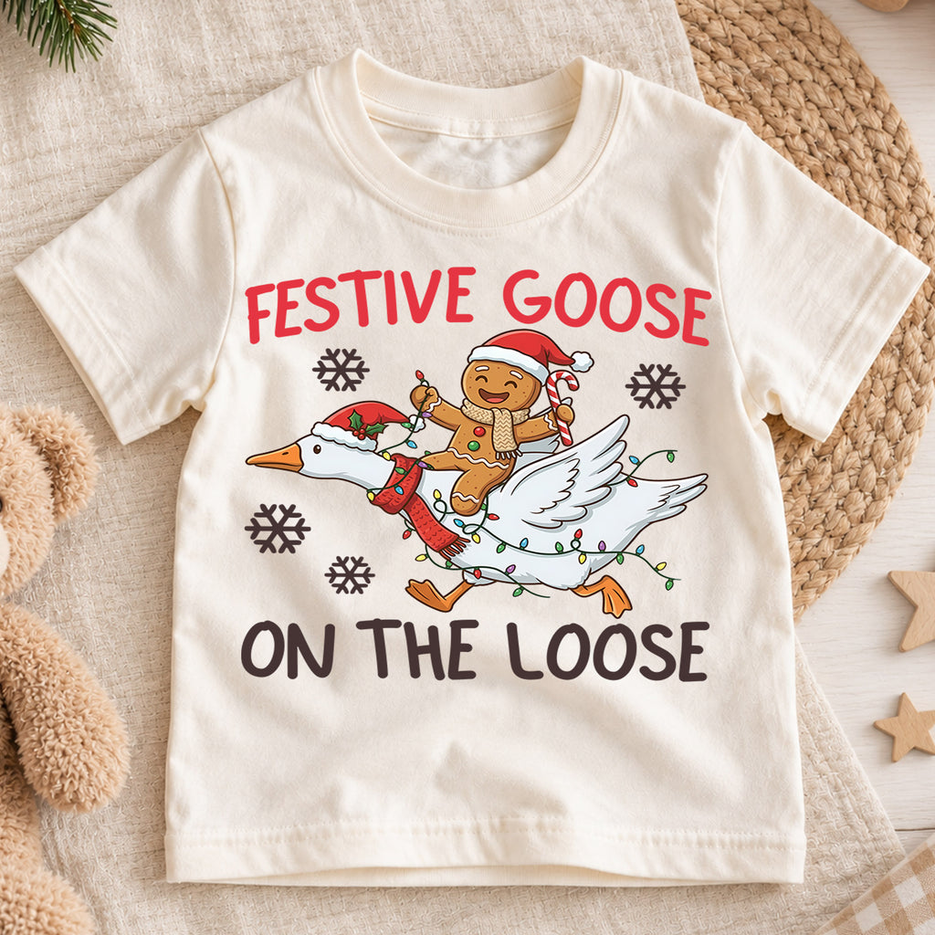 Festive Goose on the Loose Kids Shirt, Funny Goose Christmas Tee, Gingerbread Holiday Outfit, Cute Toddler Xmas Gift for Little Kids — product view 1