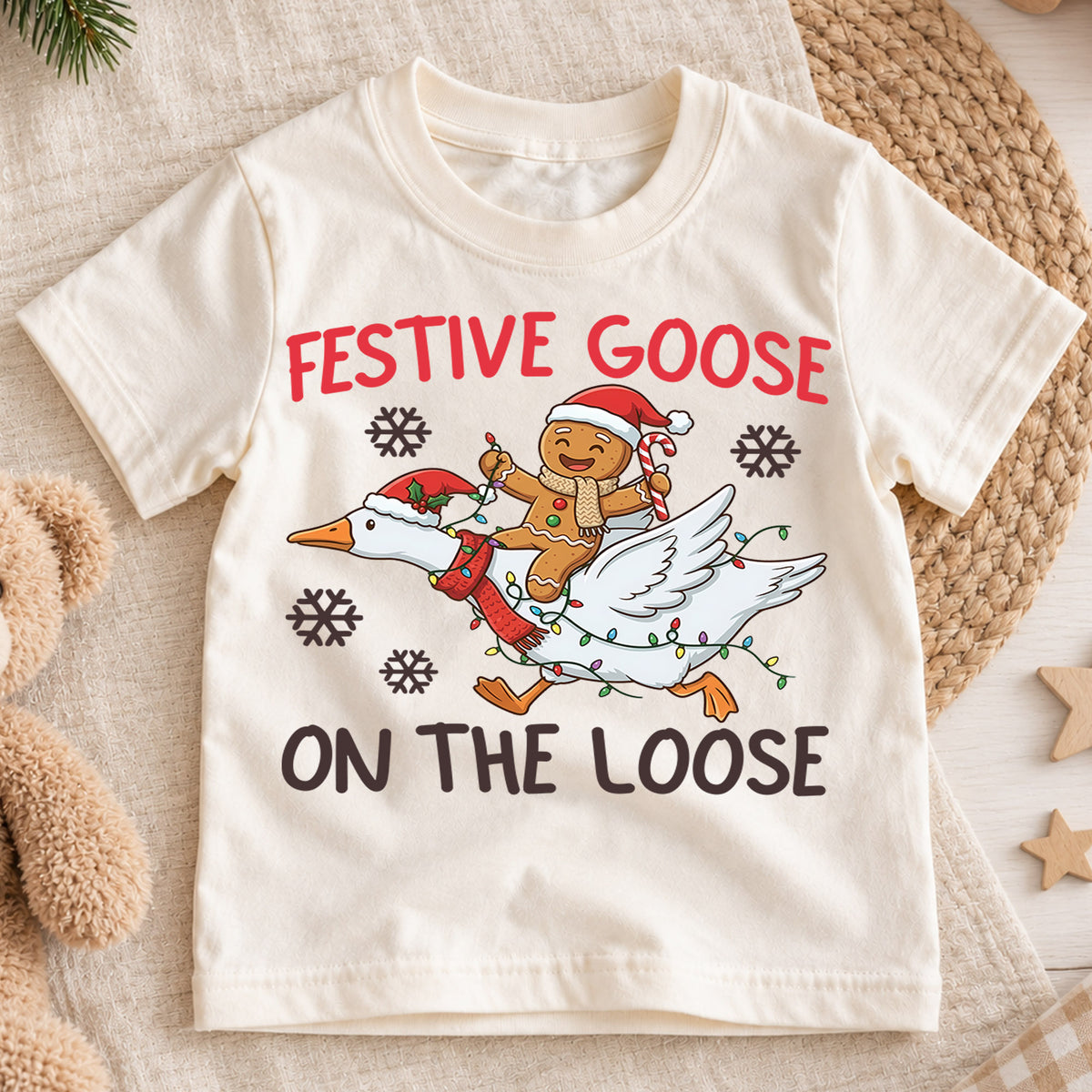 Festive Goose on the Loose Kids Shirt, Funny Goose Christmas Tee, Gingerbread Holiday Outfit, Cute Toddler Xmas Gift for Little Kids — product view 1