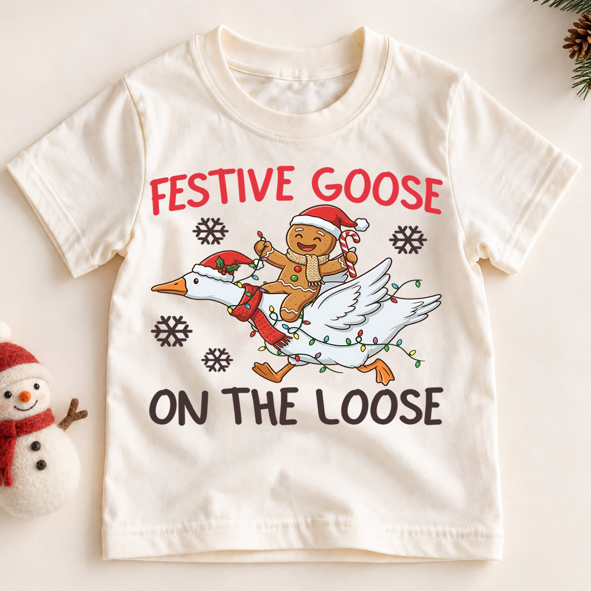 Festive Goose on the Loose Kids Shirt, Funny Goose Christmas Tee, Gingerbread Holiday Outfit, Cute Toddler Xmas Gift for Little Kids — product view 2