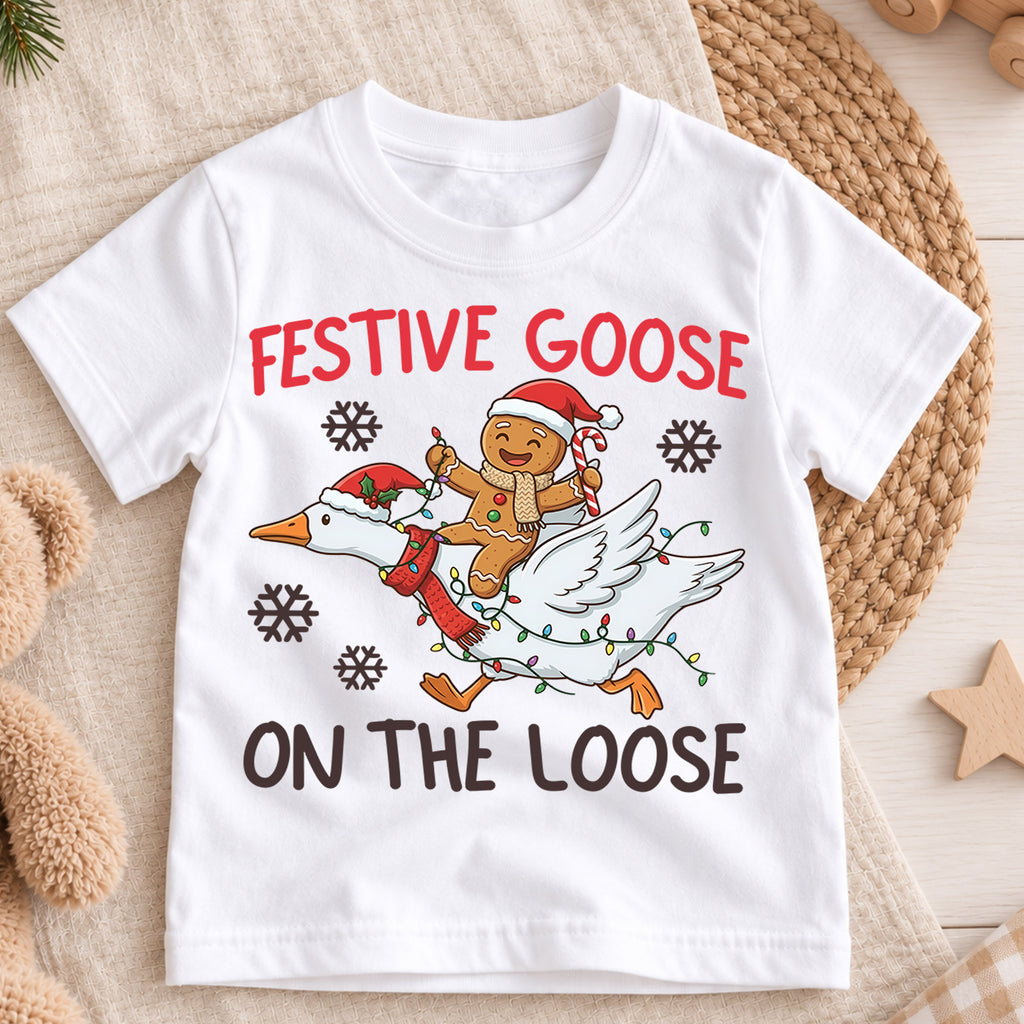 Festive Goose on the Loose Kids Shirt, Funny Goose Christmas Tee, Gingerbread Holiday Outfit, Cute Toddler Xmas Gift for Little Kids — product view 3