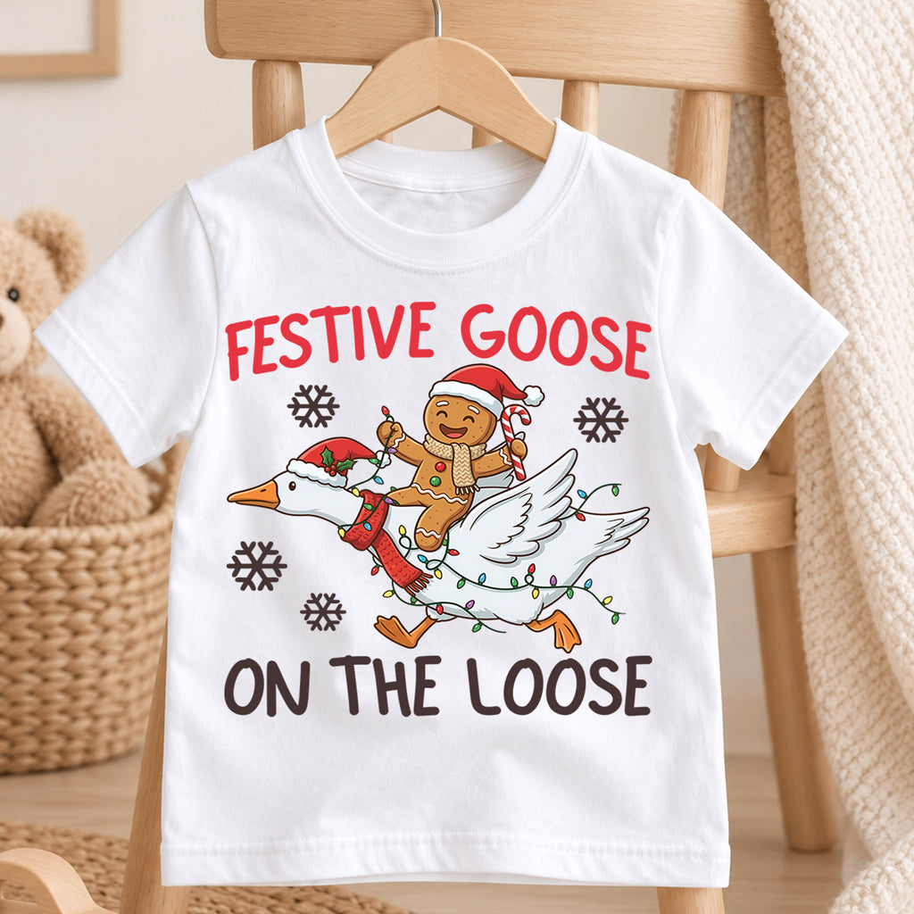 Festive Goose on the Loose Kids Shirt, Funny Goose Christmas Tee, Gingerbread Holiday Outfit, Cute Toddler Xmas Gift for Little Kids — product view 4