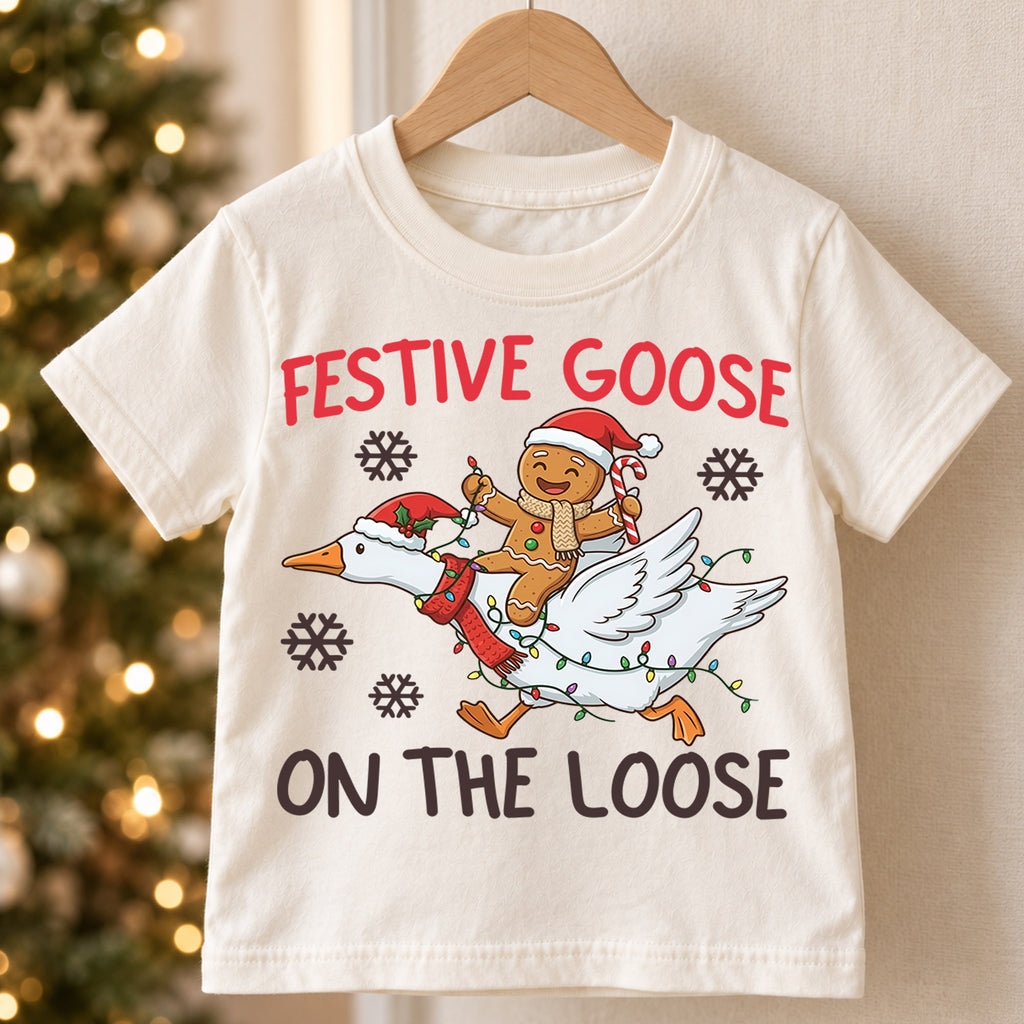 Festive Goose on the Loose Kids Shirt, Funny Goose Christmas Tee, Gingerbread Holiday Outfit, Cute Toddler Xmas Gift for Little Kids — product view 5