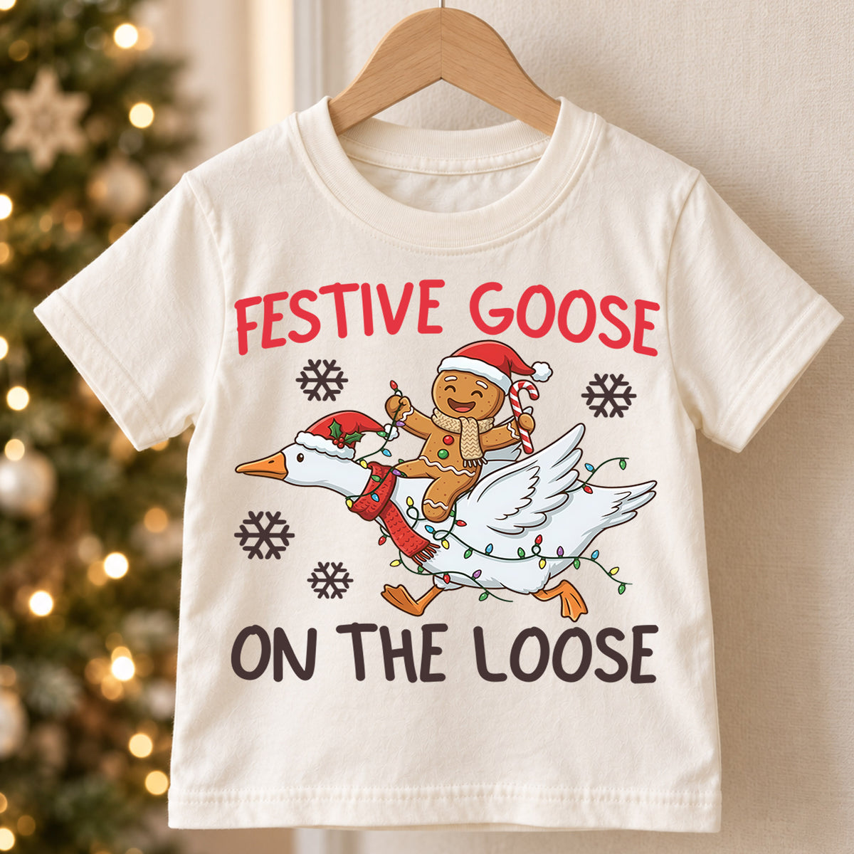Festive Goose on the Loose Kids Shirt, Funny Goose Christmas Tee, Gingerbread Holiday Outfit, Cute Toddler Xmas Gift for Little Kids — product view 5