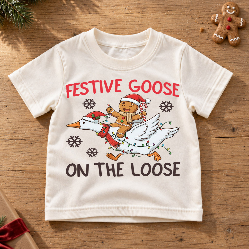 Festive Goose on the Loose Kids Shirt, Funny Goose Christmas Tee, Gingerbread Holiday Outfit, Cute Toddler Xmas Gift for Little Kids — product view 6