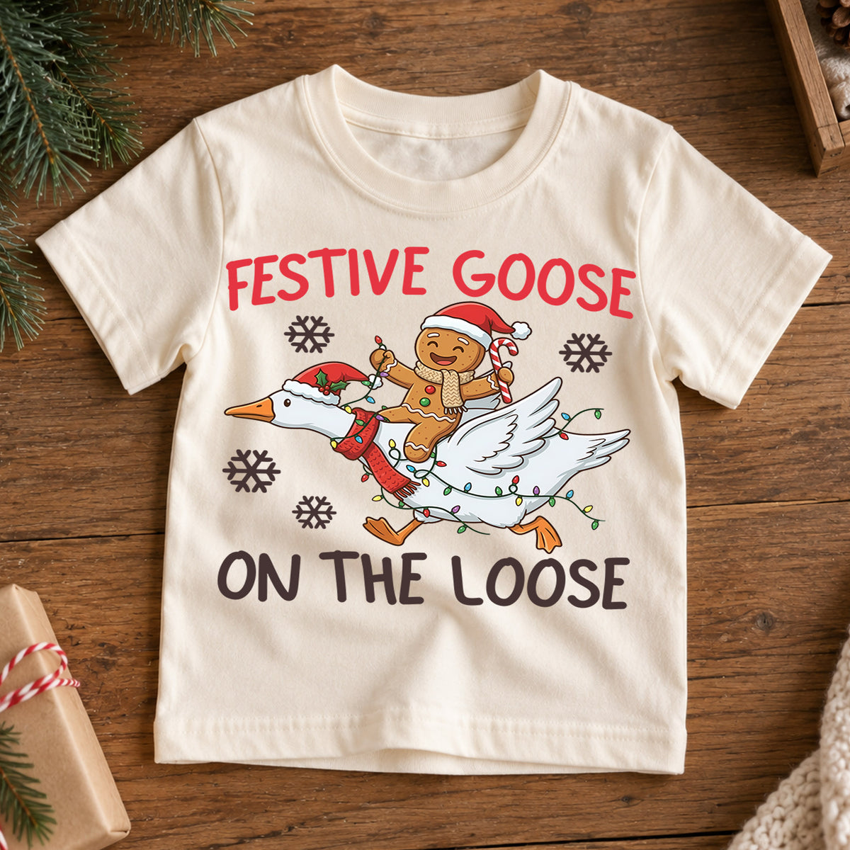 Festive Goose on the Loose Kids Shirt, Funny Goose Christmas Tee, Gingerbread Holiday Outfit, Cute Toddler Xmas Gift for Little Kids — product view 7