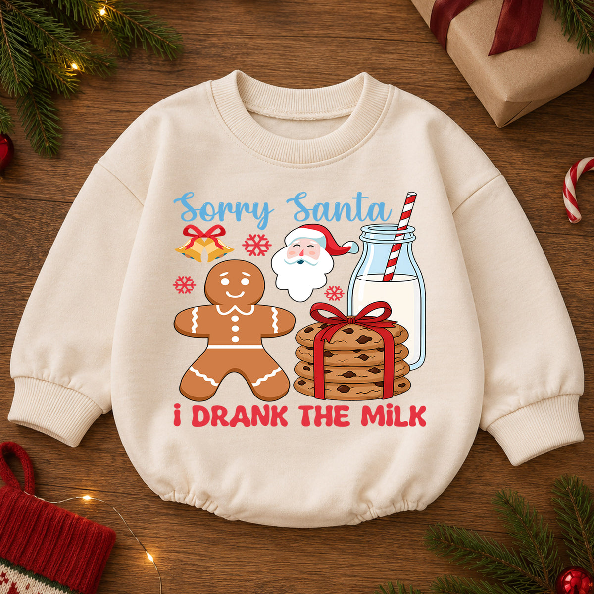 Sorry Santa I Drank the Milk Baby Romper, Gingerbread 1st Birthday Christmas Outfit, Cookies and Milk Toddler Xmas Romper, Baby Gift — product view 2
