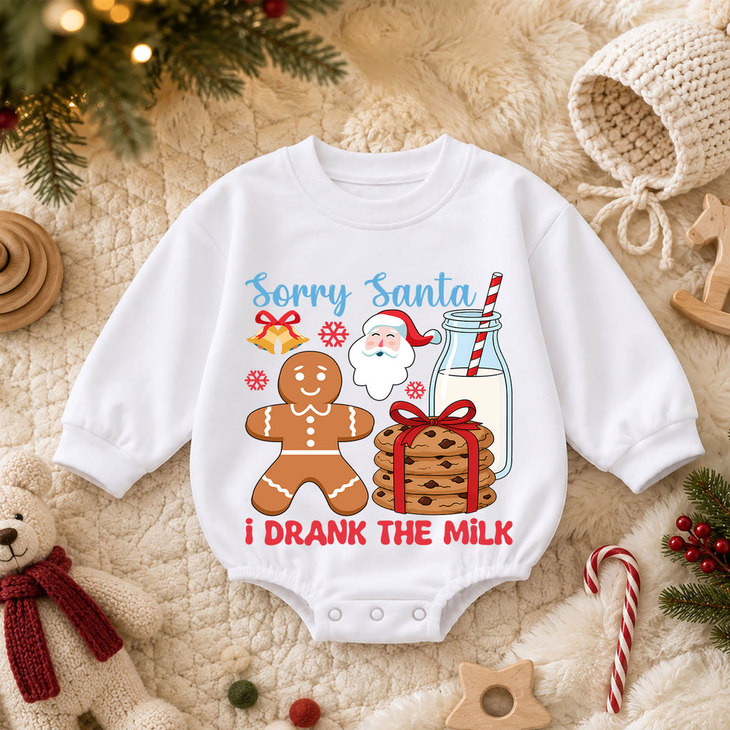 Sorry Santa I Drank the Milk Baby Romper, Gingerbread 1st Birthday Christmas Outfit, Cookies and Milk Toddler Xmas Romper, Baby Gift — product view 3