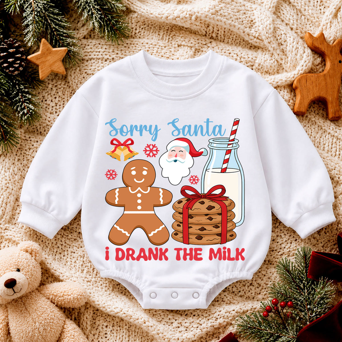 Sorry Santa I Drank the Milk Baby Romper, Gingerbread 1st Birthday Christmas Outfit, Cookies and Milk Toddler Xmas Romper, Baby Gift — product view 4