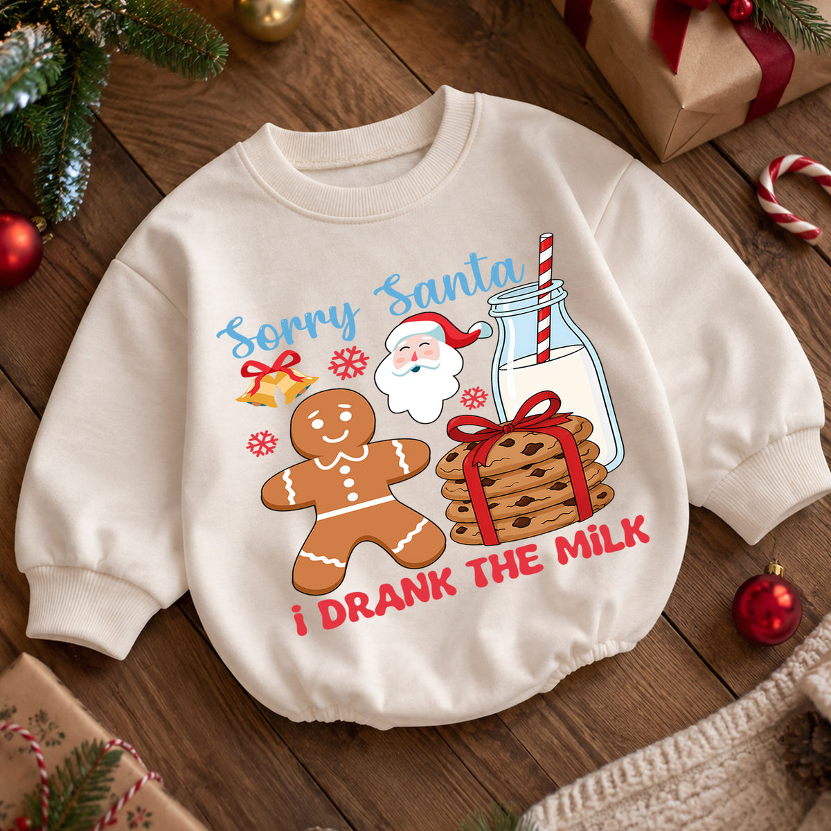 Sorry Santa I Drank the Milk Baby Romper, Gingerbread 1st Birthday Christmas Outfit, Cookies and Milk Toddler Xmas Romper, Baby Gift — product view 5