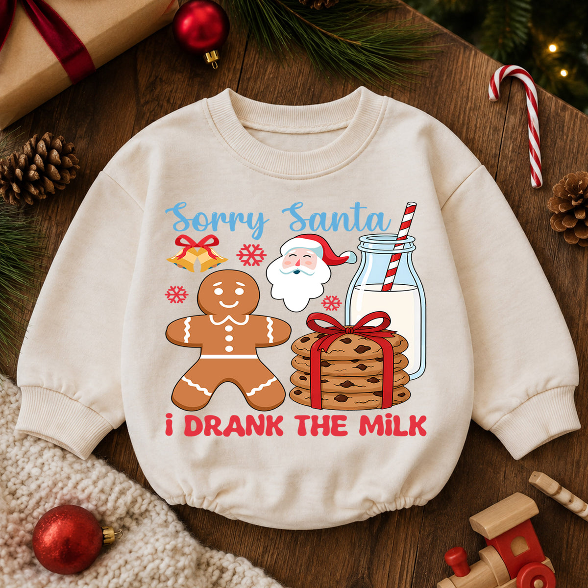 Sorry Santa I Drank the Milk Baby Romper, Gingerbread 1st Birthday Christmas Outfit, Cookies and Milk Toddler Xmas Romper, Baby Gift — product view 6