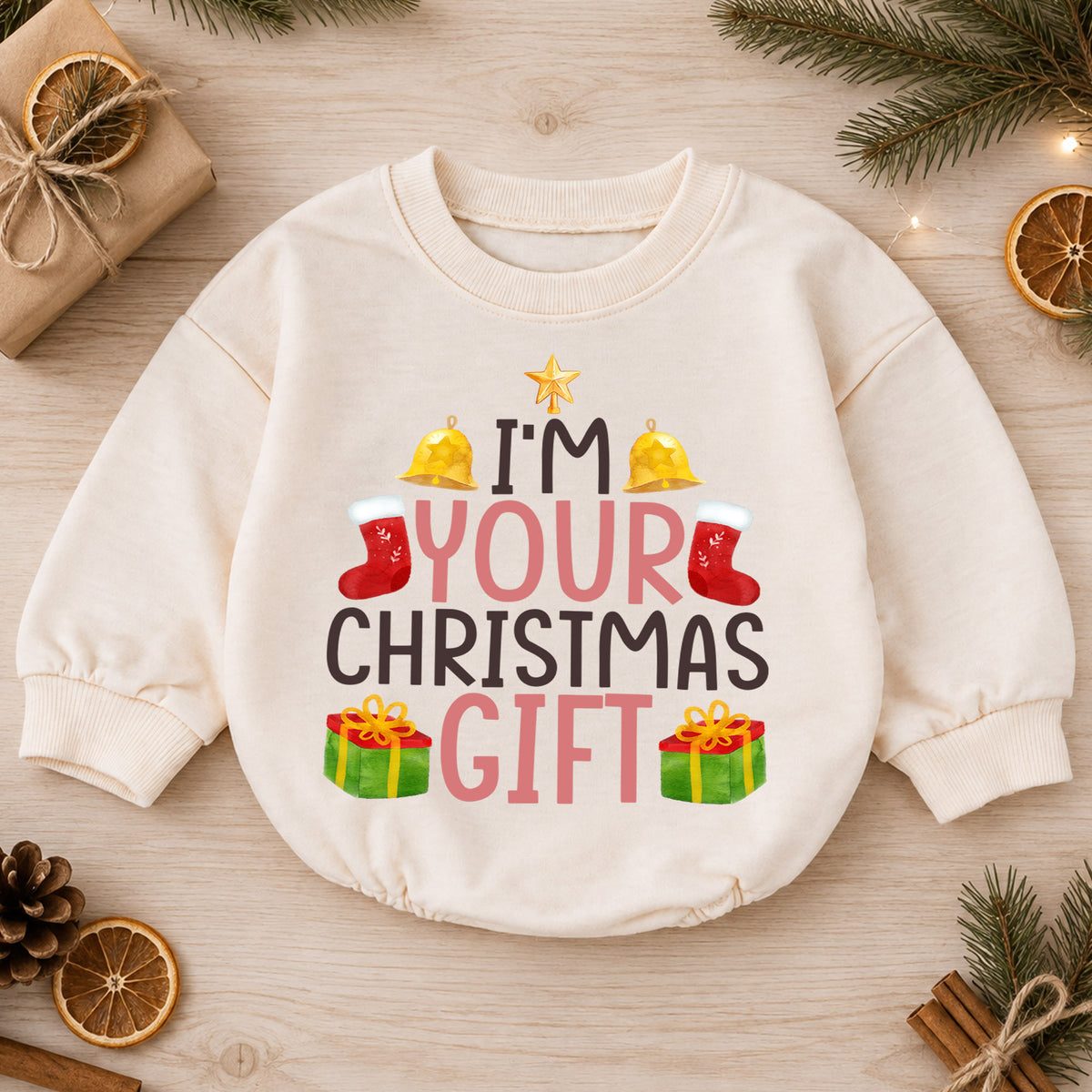 I’m Your 1st Birthday Christmas Gift Baby Romper, Cute Holiday Toddler Outfit, Funny Christmas Present Romper, Baby Xmas Gift for Baby — product view 1