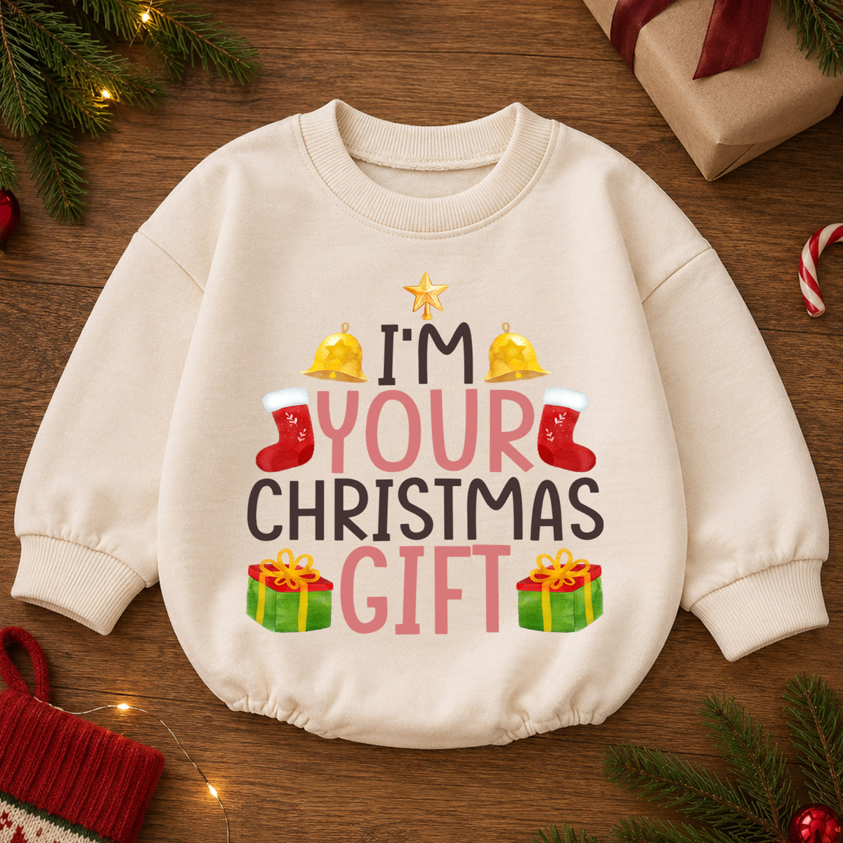I’m Your 1st Birthday Christmas Gift Baby Romper, Cute Holiday Toddler Outfit, Funny Christmas Present Romper, Baby Xmas Gift for Baby — product view 2