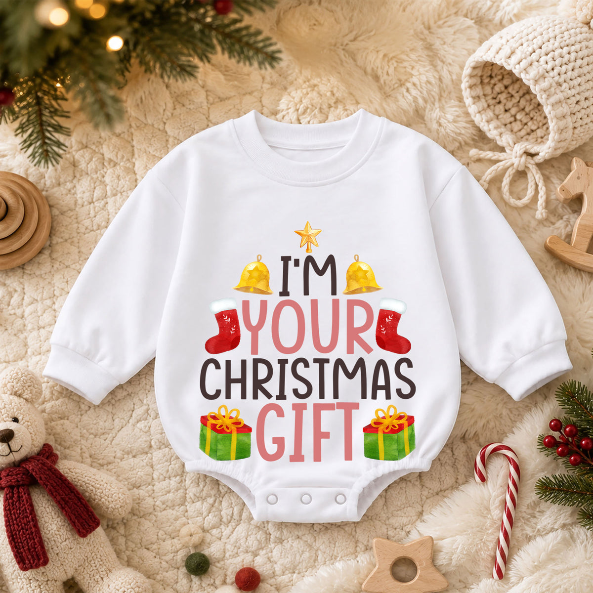 I’m Your 1st Birthday Christmas Gift Baby Romper, Cute Holiday Toddler Outfit, Funny Christmas Present Romper, Baby Xmas Gift for Baby — product view 3