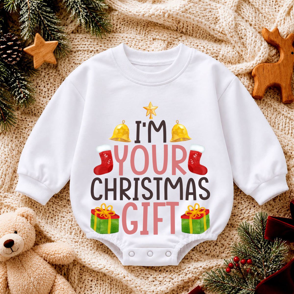 I’m Your 1st Birthday Christmas Gift Baby Romper, Cute Holiday Toddler Outfit, Funny Christmas Present Romper, Baby Xmas Gift for Baby — product view 4