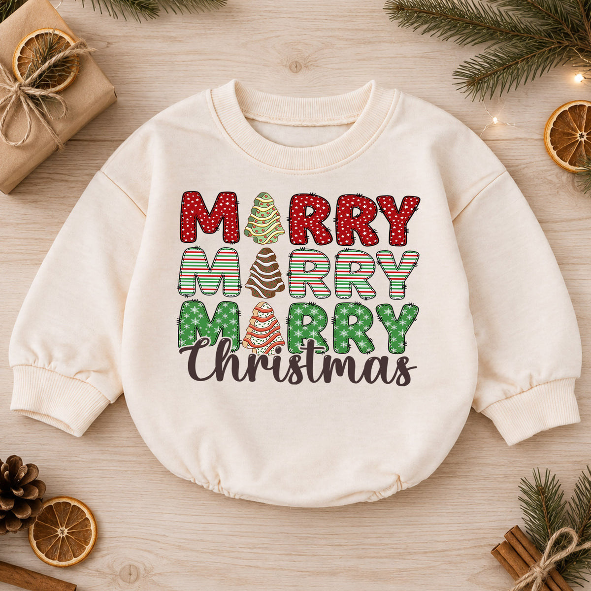 Merry Christmas Baby Romper, Retro Holiday Tree Cake Outfit, Cute Christmas Romper, Toddler Xmas Gift, Festive Baby Outfit — product view 1